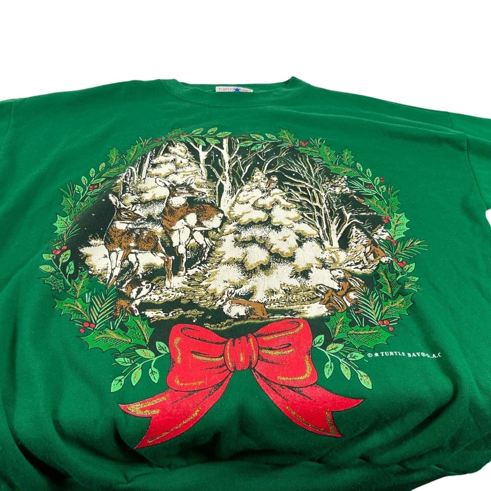 Vintage Painted Christmas Sweatshirt Sz L Turtle Bay Sweater Green Winter Wreath
